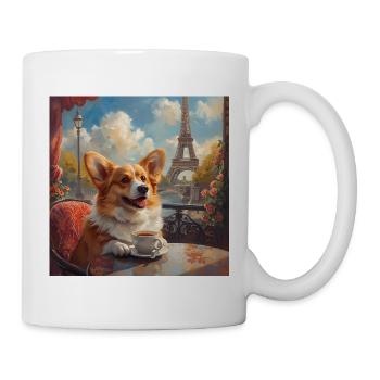 Corgi drinking coffee in front of the Eiffel Tower in Paris - Mug - white - Right