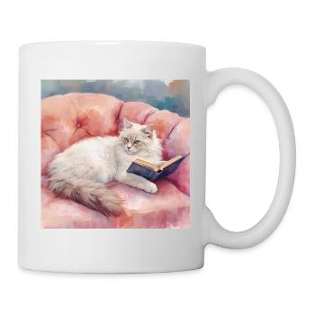 Portrait de chat sur un canapé rose confortable, peinture à l'huile - Mug blanc - blanc - Droite