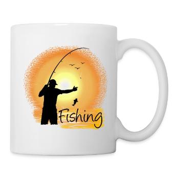 Abendliches Angeln mit Sonnenuntergangs-Silhouette - Tasse - Weiß - Rechts