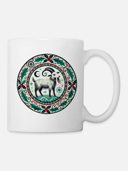 Festliche Ziege mit Stechpalmen- und Seemotiven - Tasse - Weiß