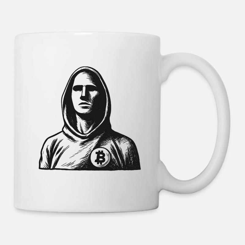 Hacker anonyme avec logo Bitcoin - Mug blanc - blanc