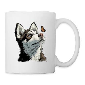 Curious husky puppy and butterfly - Mug - white - Right