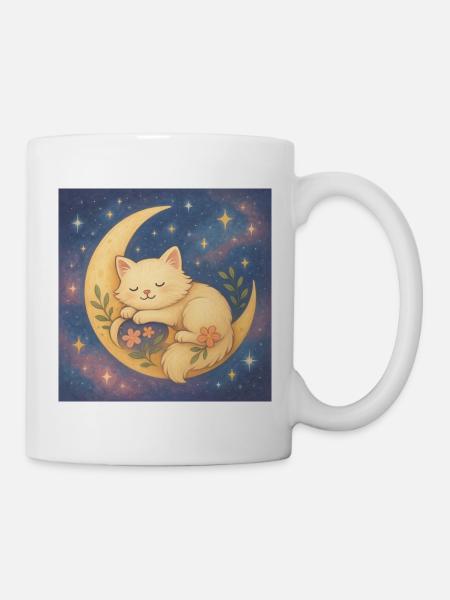 Sleeping cat on moon in starry sky - Mug - white
