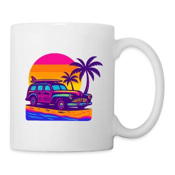Retro Neon Beach Getaway with Surfboard Surf Woody - Mug - white - Right