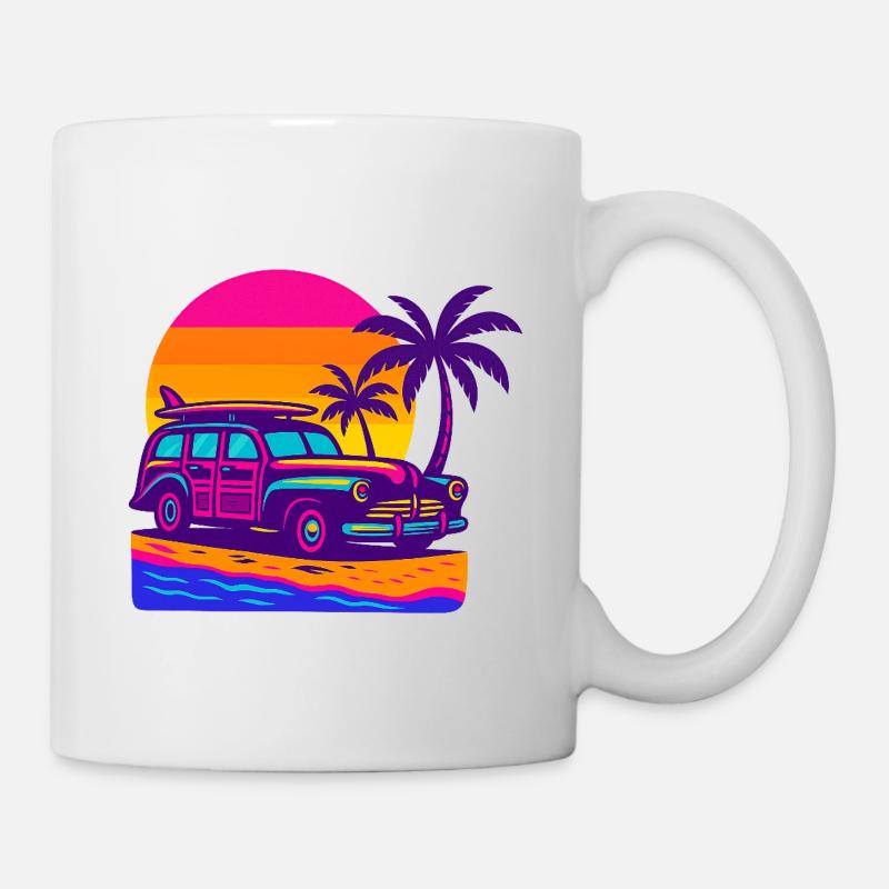 Escapade rétro néon sur la plage avec planche de surf Surf Woody - Mug blanc - blanc