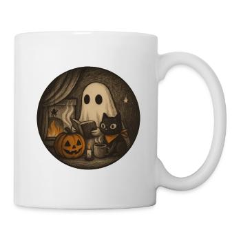 Gemütliches Halloween Szenario mit Geist u Kürbis - Tasse - Weiß - Rechts