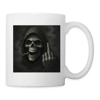 Skeleton with hoodie and cigarette smoke, middle finge - Mug - white - Right