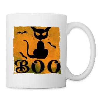 Halloween T-Shirt mit Katze und Buh-Text - Tasse - Weiß - Rechts
