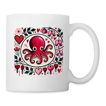 Skurriler roter Oktopus mit Blumenherzen - Tasse - Weiß - Rechts