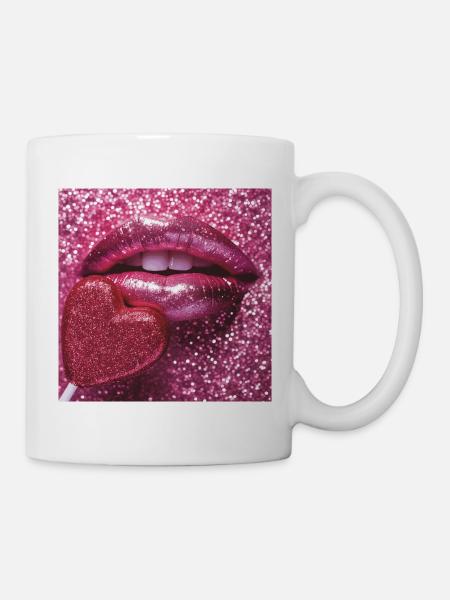 Rosa Glitzerlippen und Zuckerherz - Tasse - Weiß