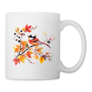 Bird in autumn on leaf branch - Mug - white - Right