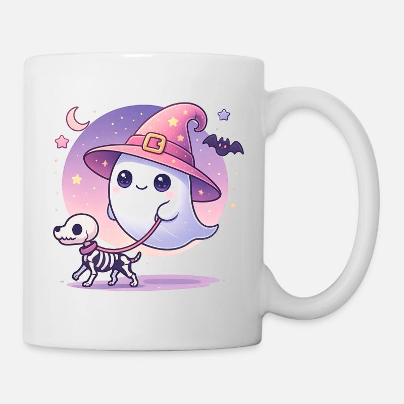 Fantôme de sorcière rose avec chien squelette – Halloween - Mug blanc - blanc