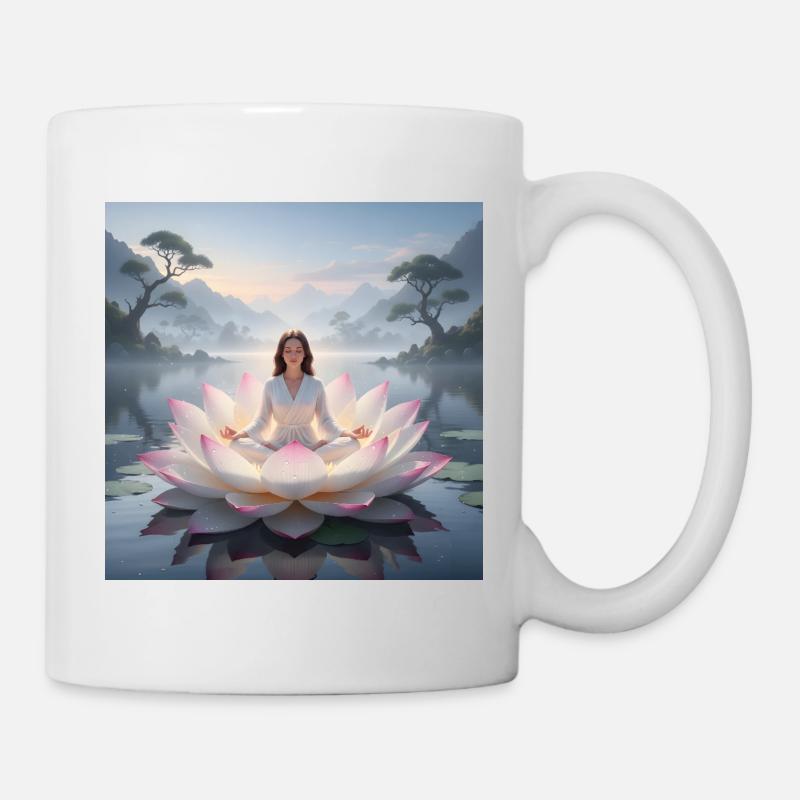 Woman meditating on open lotus flower - Mug - white
