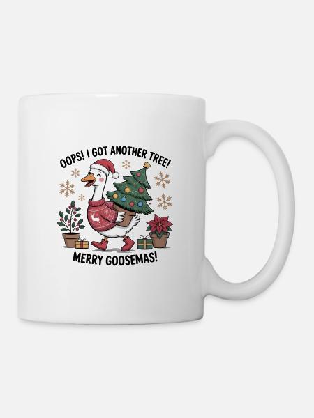 Weihnachtsstorch mit Baum und Weihnachtsgeschenken - Tasse - Weiß