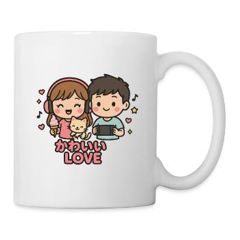 Kawaii Liebespaar mit Katze und Gaming - Tasse - Weiß - Rechts