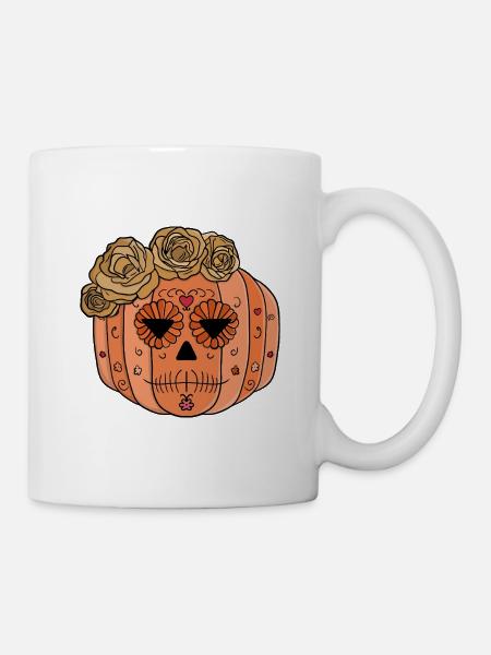 Blumen Zucker Schädel Kürbis Gesicht - Tasse - Weiß