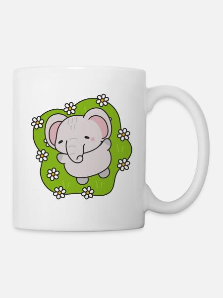 Cute Elephant with Flowers - Mug - white