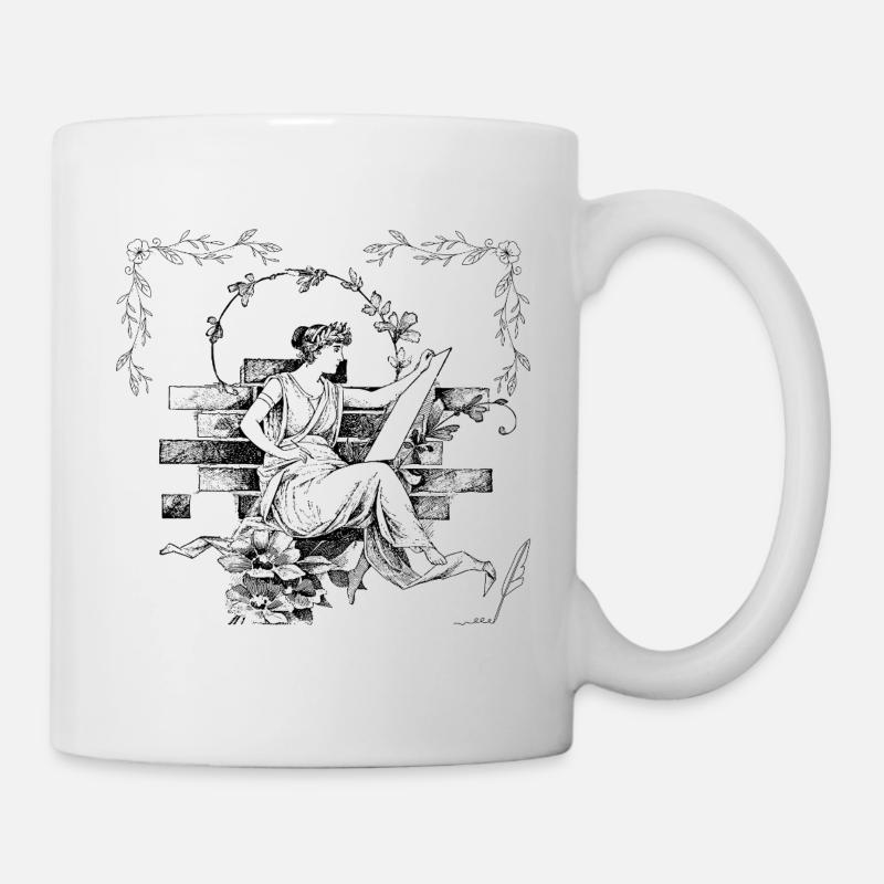 Eine Frau, die eine Schriftrolle liest, ein Dichter in einem Garten. - Tasse - Weiß