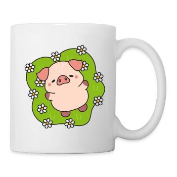 Glücklich blühendes Schwein auf der Wiese - Tasse - Weiß - Rechts