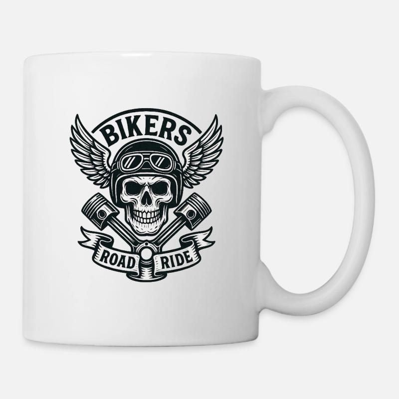Skull Biker Wings Pistons Road - Mug - white