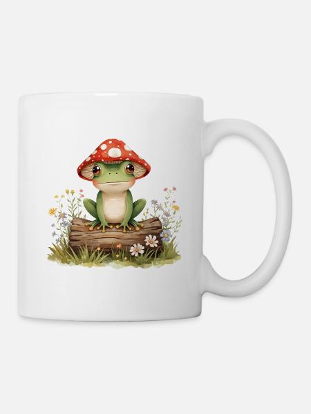 Grenouille aquarelle avec chapeau de champignon sur tronc d’arbre - Mug blanc - blanc