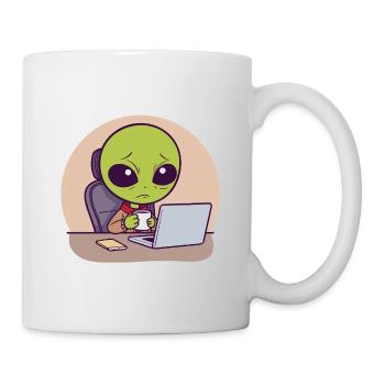 Stressed alien at desk with coffee - Mug - white - Right