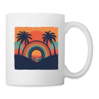 Retro Sonnenuntergang mit Regenbogen & Palmen - Tasse - Weiß - Rechts