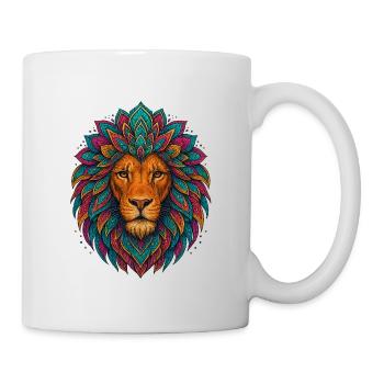 Mandala-Löwe – bunter Kopf - Tasse - Weiß - Rechts