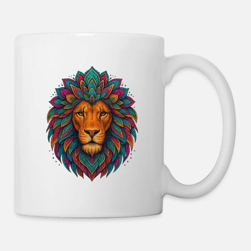 Mandala-Löwe – bunter Kopf - Tasse - Weiß