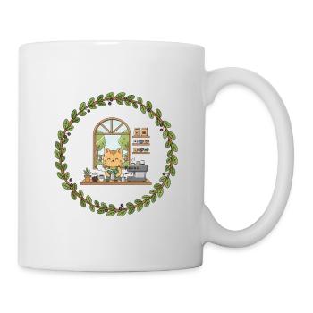 Chat barista dans une couronne de feuilles - Mug blanc - blanc - Droite