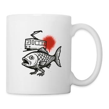 Une vague de poisson d’un tramway et un soleil rouge - Mug blanc - blanc - Droite