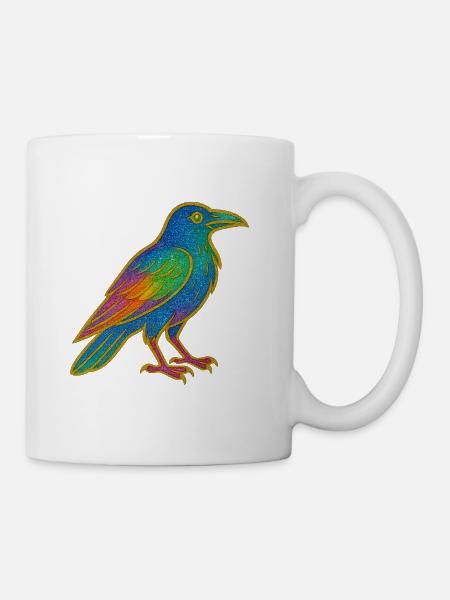 Rabe | Krähe | Regenbogen Vogel Glitzer Patch - Tasse - Weiß