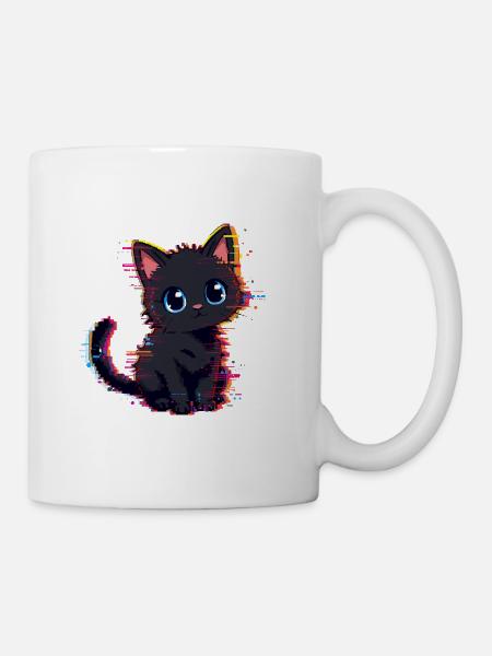 Neon Glitch Black Cat Cute - Mug - white