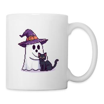 Pixel Geist mit Hexenhut & Katze – Halloween - Tasse - Weiß - Rechts