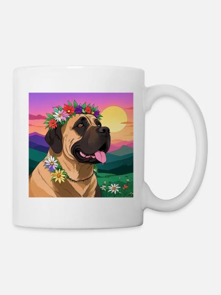 Mastiff with floral wreath - Mug - white
