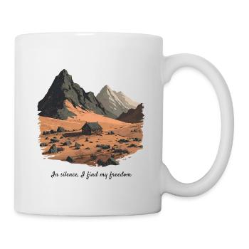 Mountain Cabin Quote - In Silence, Freedom - Mug - white - Right