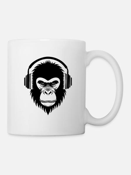 Nachdenklicher Cartoon-Affe mit Kopfhörern Shirt - Tasse - Weiß