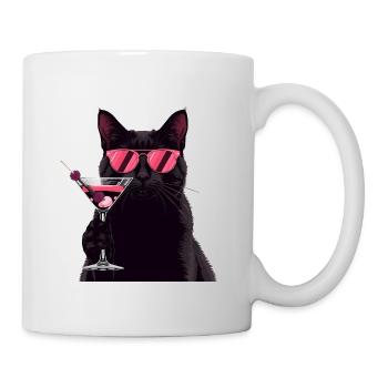 Schwarze Katze mit Pinkem Martini Cartoon - Tasse - Weiß - Rechts