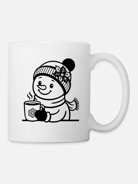 Winter Schneemann T Shirt mit heißem Kakao  - Tasse - Weiß