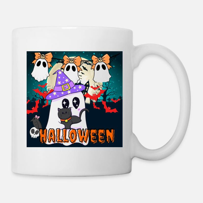 Fantôme sorcier mignon et chat noir Halloween - Mug blanc - blanc