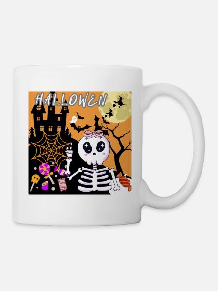 Süßes Halloween Skelett mit Süßigkeiten - Tasse - Weiß