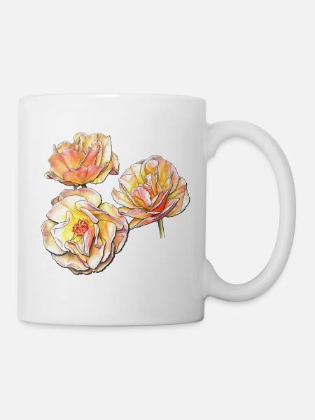 Three Yellow Pink Rose Blossoms Colour Pencil Draw - Mug - white