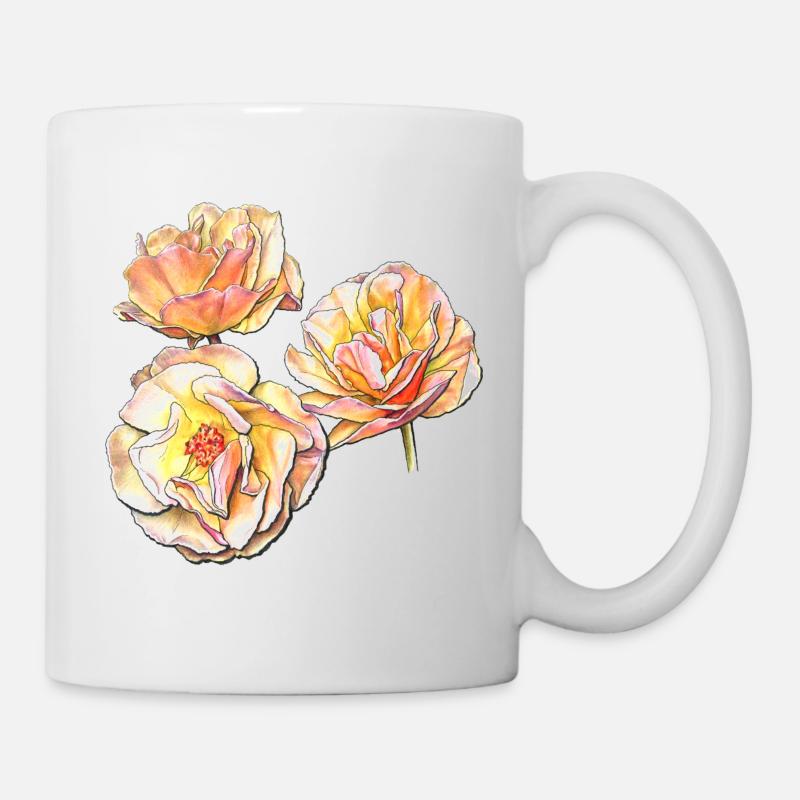 Three Yellow Pink Rose Blossoms Colour Pencil Draw - Mug - white