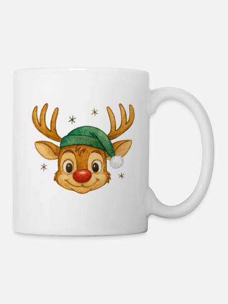 Rentier mit Weihnachtsmütze - Tasse - Weiß