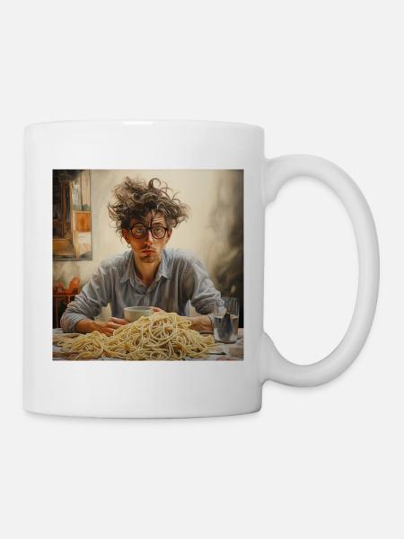 Young man tangled hair with spaghetti mountain glasses - Mug - white