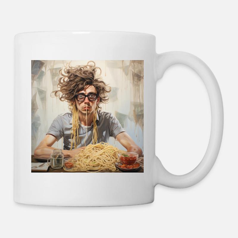 Young Man Noodle Chaos Portrait with Spaghetti - Mug - white