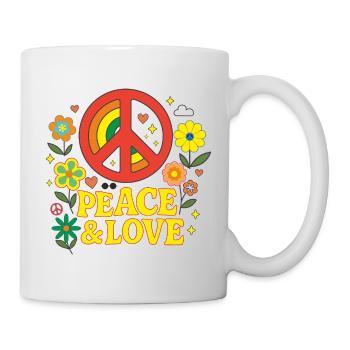 Peace & Love Hippie Retro 70s Flower Power Shirt - Mug - white - Right