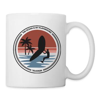 Wingsurfer in sunset on palm beach - Mug - white - Right