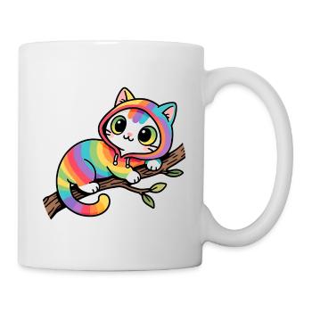 Regenbogen Katze Hoodie am Ast - Tasse - Weiß - Rechts