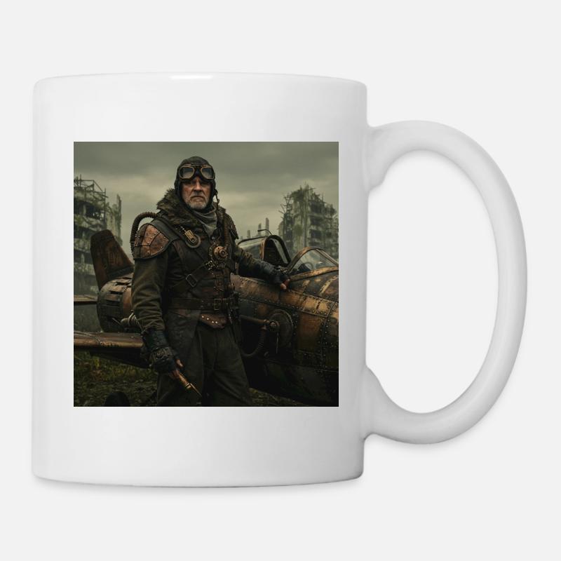 Steampunk-Pilot auf postapokalyptischen Ruinen - Tasse - Weiß